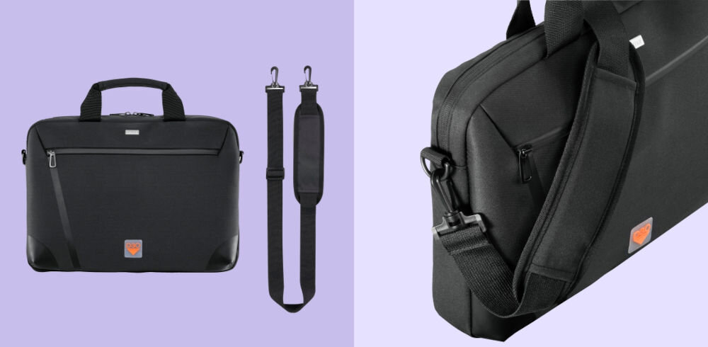 Torba na laptopa HAMA Extreme Protect D3O 13.3 - 14.1 cala Czarny prezentacja torby od przodu i pod kątem na fioletowym tle obok torby pasek regulowany na ramię noszenie torby w wygodny sposób powlekane uchwyty mocowanie na walizkę komfort