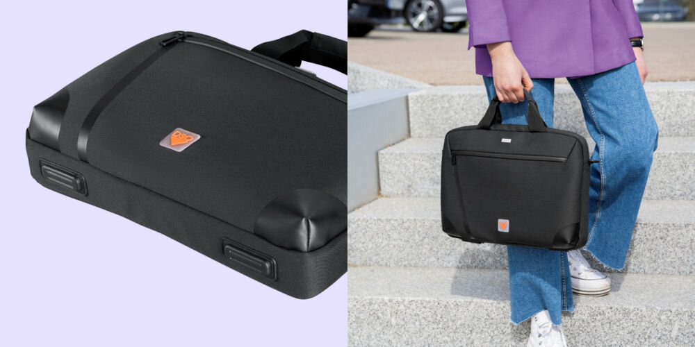 Torba na laptopa HAMA Extreme Protect D3O 13.3 - 14.1 cala Czarny prezentacja torby od dołu na fioletowym tle obok kobieta trzymająca torbę stojąca na schodach karbowane antypoślizgowe nóżki ochrona stabilność wodoodporny materiał zewnętrzny zabezpiecza zawartość