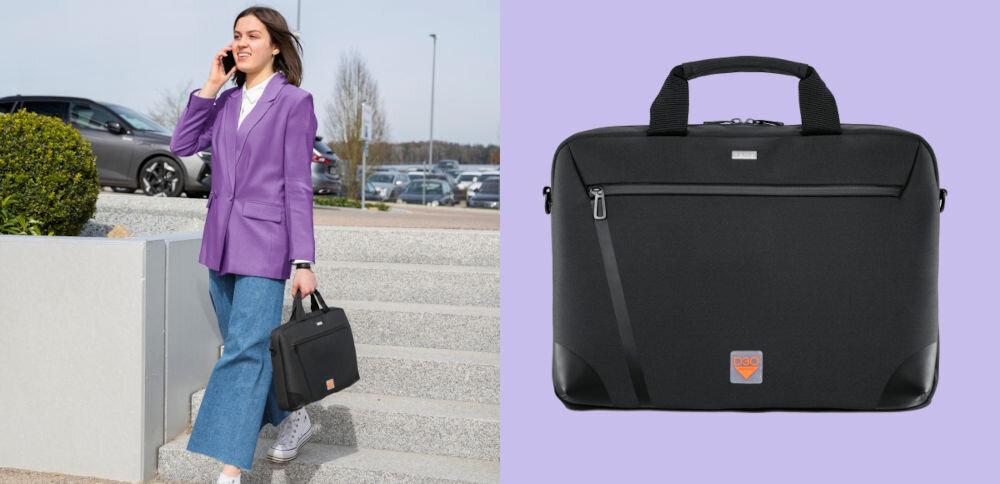 Torba na laptopa HAMA Extreme Protect D3O 13.3 - 14.1 cala Czarny prezentacja torby od przodu na fioletowym tle obok dziewczyna trzymająca torbę w ręce idąca po schodach rozmawiająca przez telefon recyklingowana skóra syntetyczna ukryte zamki błyskawiczne ochrona przed uszkodzeniem