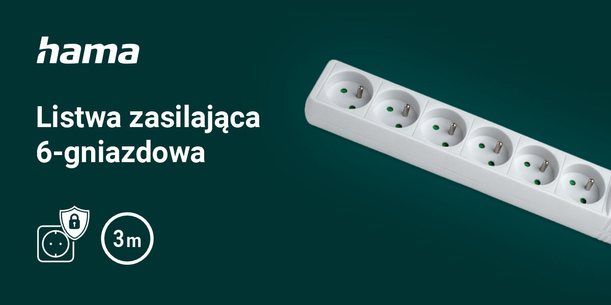 Listwa HAMA Standard 6GN (3 m) Biały
wygodne zasilanie urządzeń, zielone tło, produkt, logo producenta, biały napis listwa zasilająca 6-gniazdowa