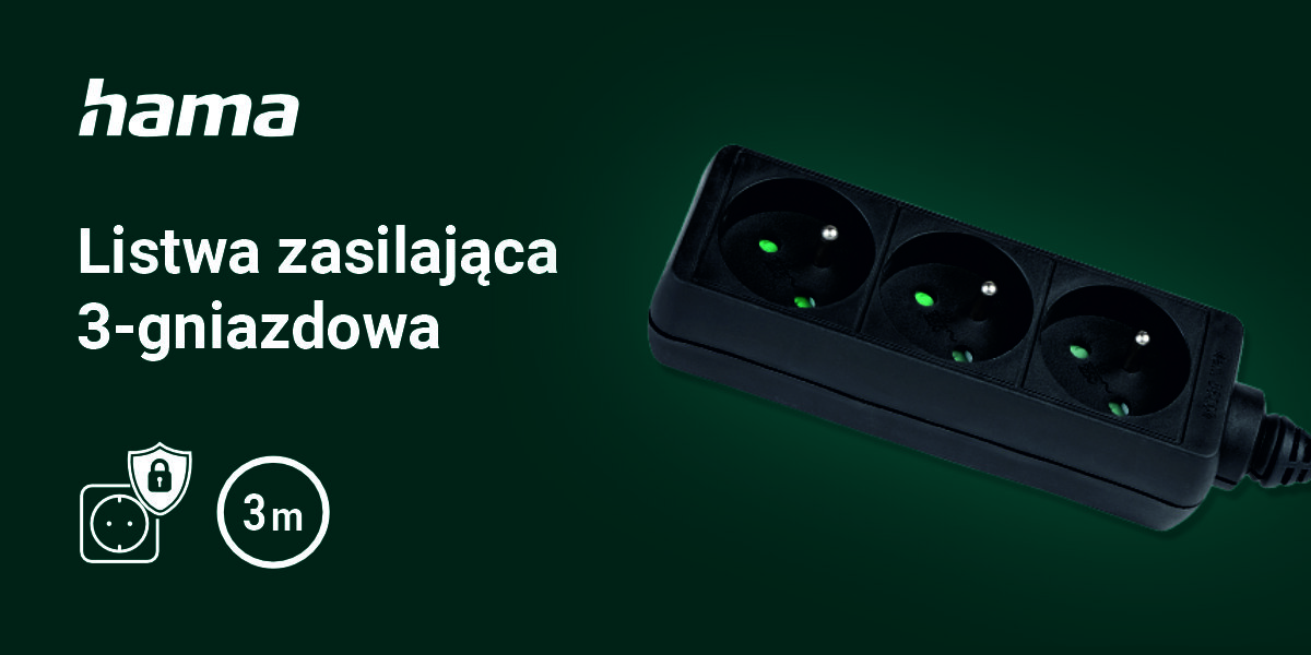 Listwa HAMA Standard 3GN (3m) Czarny
wygodne zasilanie urządzeń, zielone tło, produkt, logo producenta, biały napis listwa zasilająca 3-gniazdowa