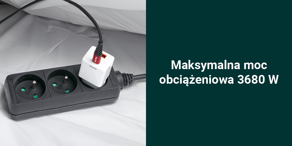 Listwa HAMA Standard 3GN (3m) Czarny
wysoka moc, maksymalne obciążenie 3680 W, możliwość zasilania urządzeń o większym poborze mocy,
produkt z podłączoną ładowarką, zielone tło, biały napis Maksymalna moc obciążeniowa 3680 W