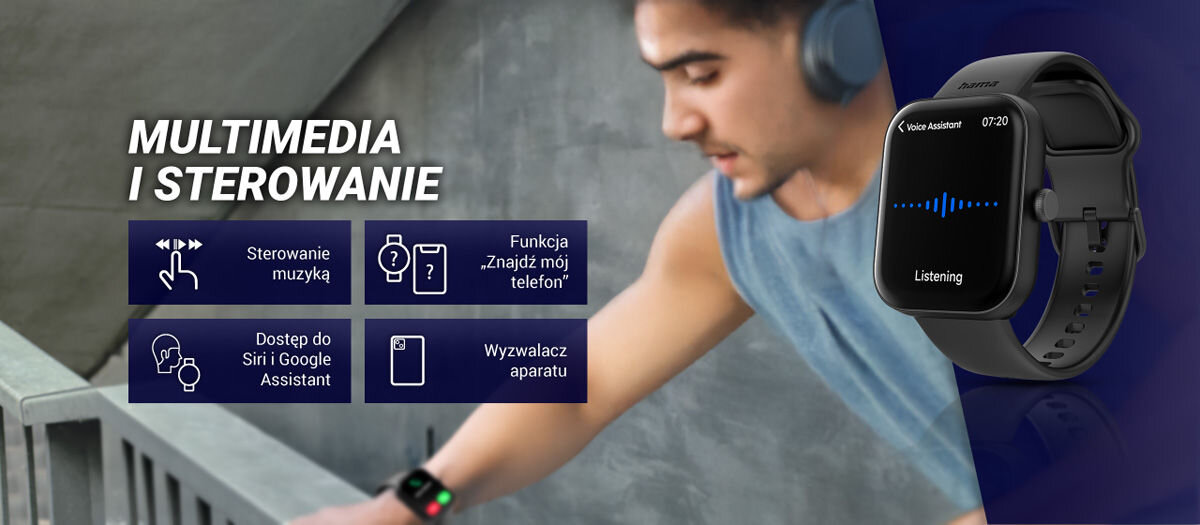 Smartwatch HAMA Fit Watch 5000 Multimedia i sterowanie sterowanie muzyką funkacja znajdź mój telefon dostęp do siri i google assistant wyzwalacz aparatu