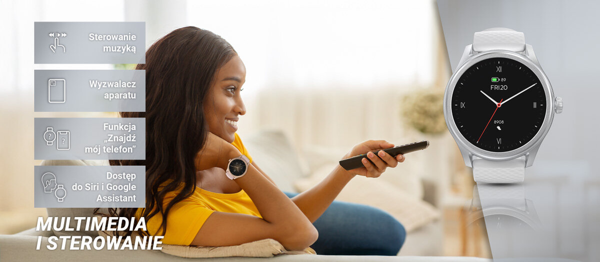 Multimedia i sterowanie sterowanie muzyką wyzwalacz aparatu funkcja znajdź mój telefon dostęp do siri i google assistant