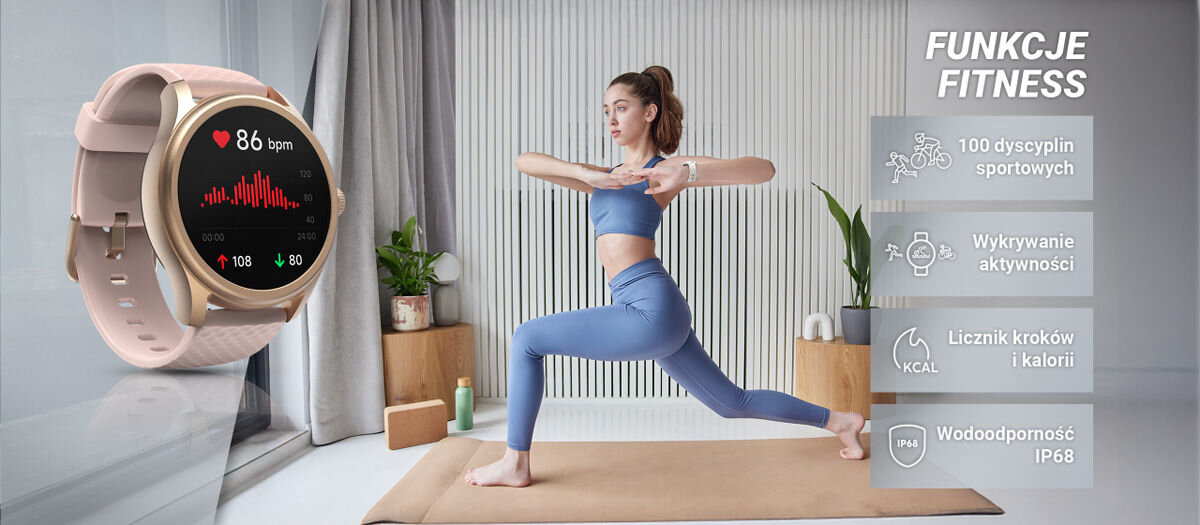 Funkcje fitness 100 dyscyplin sportowych wykrywanie aktywności licznik kroków i kalorii wodoodporność ip68