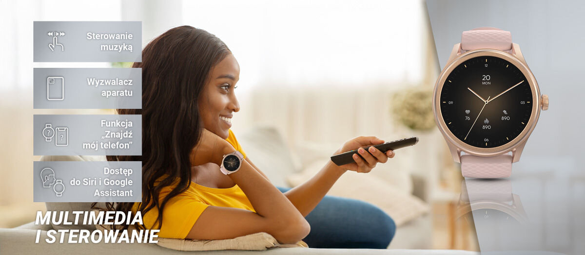 Multimedia i sterowanie sterowanie muzyką wyzwalacz aparatu funkcja znajdź mój telefon dostęp do siri i google assistant