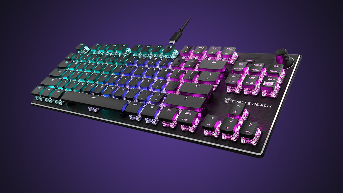 TURTLE BEACH Vulcan TKL Aimo, zabierz ją na każdy turniej, odłączany przewód USB-A / USB-C, fioletowe tło, klawiatura pod lekkim skosem