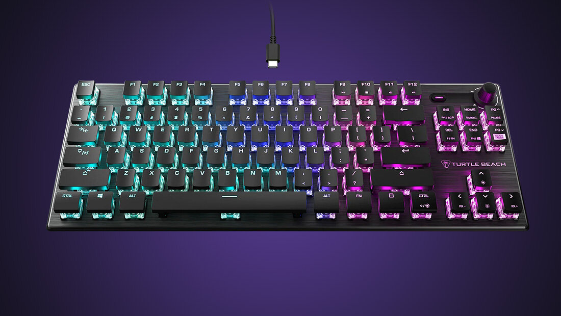 TURTLE BEACH Vulcan TKL Aimo, postaw na wszechstronność, możliwość samodzielnego dopasowania sterowania klawiaturą,
				technologia Easy-Shift[+], pamięć zapisująca ustawienia turniejowe, fioletowe tło, produkt, kabel zakończony wtyczką USB-C
