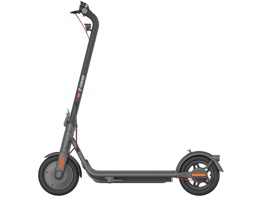Hulajnoga elektryczna NAVEE V25 25km 250W 10 cali Czarny widok na hulajnoge z boki hamulce przedni elektryczny regeneracyjny tylny hamulec bebnowy system E-ABS