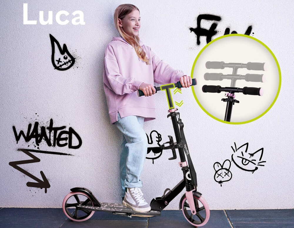 Hulajnoga dla dzieci LIONELO Luca Czarno-różowy zabawa rozwoj bezpieczenstwo wygoda uniwersalnosc dlugi czas uzytkowania