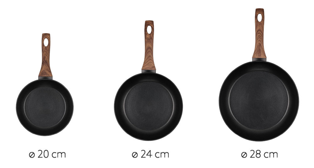 Zestaw trzech patelni MCP-SET 20, 24 i 28 cm kutego aluminium równomierne nagrzewanie odporność na odkształcenia
