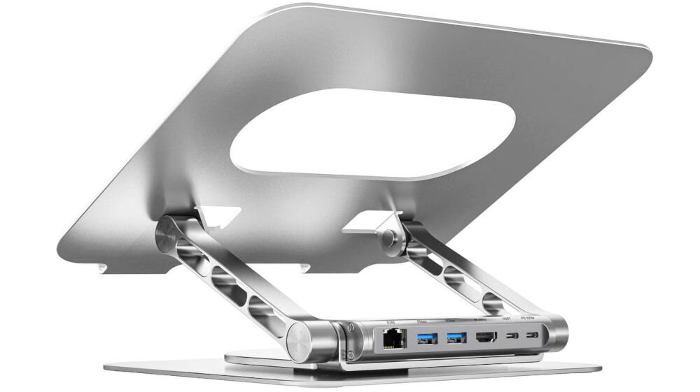 Unitek Podstawka pod laptop z odłączanym hubem USB-C HDMI 1,4, 4K PD 100W stabilne podparcie laptopa poprawa przepływu powietrza zapobieganie przegrzewaniu ergonomiczne ustawienie zwiększony komfort kompaktowa składana konstrukcja w biurze w podróży optymalny kąt nachylenia wygodna pozycja