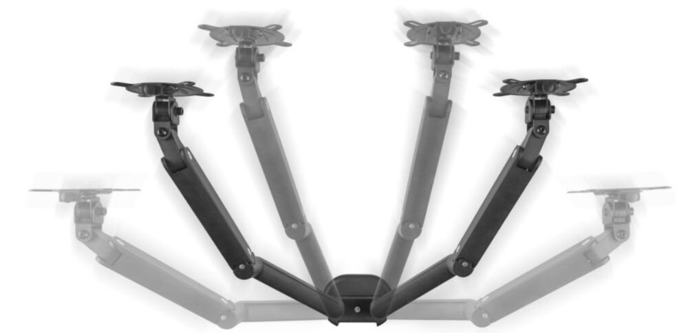 Uchwyt do monitora ONE FOR ALL DM4210 prezentacja możliwej regulacji obrót, regulacja monitora, kąt widzenia, wysokość ekranu