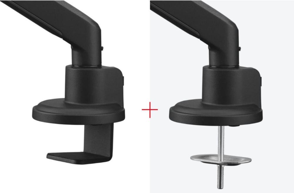 Uchwyt do monitora ONE FOR ALL DM4110 13-35 cali Czarny pokazanie dwóch końcówek do mocowania montaż na zacisk, przelotka do kabli, stabilność monitora, instalacja uchwytu