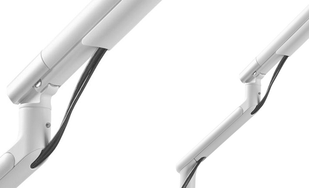 Uchwyt do monitora ONE FOR ALL DM7120 Dwa zbliżenia pokazują, jak kable są ukryte wewnątrz rury ramienia do monitora