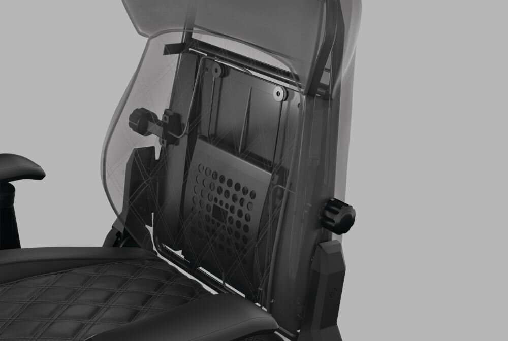 Fotel CORSAIR TC500 Luxe Grafitowy zaawansowane, czterokierunkowe podparcie lędźwi regulowane za pomocą bocznych pokręteł regulacja jest intuicyjna podparcie wspiera zdrową postawę i poprawia ogólny komfort użytkowania