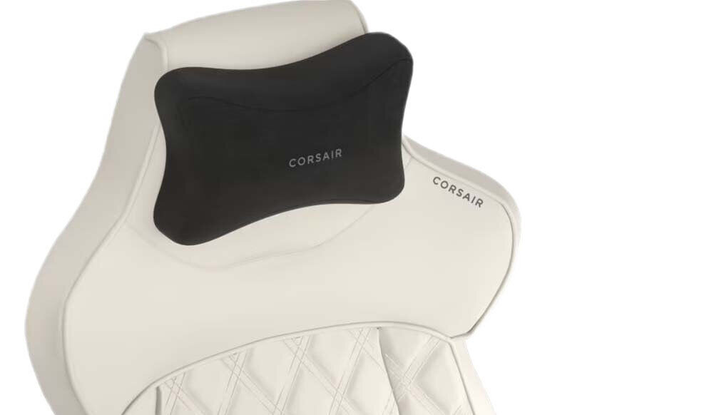 Fotel CORSAIR TC500 Luxe Kremowy fotel wyposażony w odłączaną poduszkę pod szyję wykonaną z pianki memory łatwa regulacja wysokości poduszki białe tło