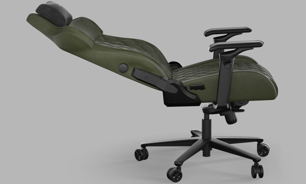 Fotel CORSAIR TC500 Luxe Ciemnozielony fotel wyposażono w regulowane oparcie o wymiarach ok. 55 cm szerokości i ok. 80 cm wysokości możliwość płynnej regulacji kąta nachylenia od 90° do 160° na zdjęciu fotel w pozycji półleżącej na szarym tle