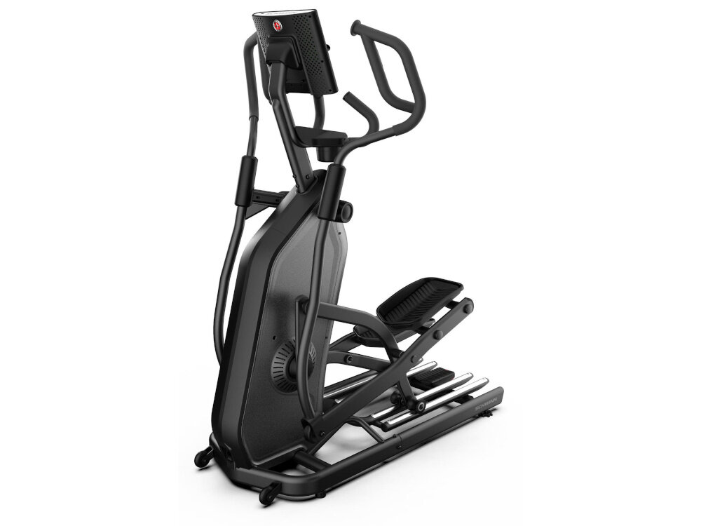 Orbitrek eliptyczny SCHWINN 590E 18kg 51cm urządzenie na białym tle ustawione pod skosem widoczne pod skosem długość kroku wynosząca 51 cm minimalna odległość między płozami 6,4 cm naturalny i wygodny ruch szerokie antypoślizgowe płozy stabilizują stopy wyprofilowane uchwyty pedały są odpowiednio wyprofilowane