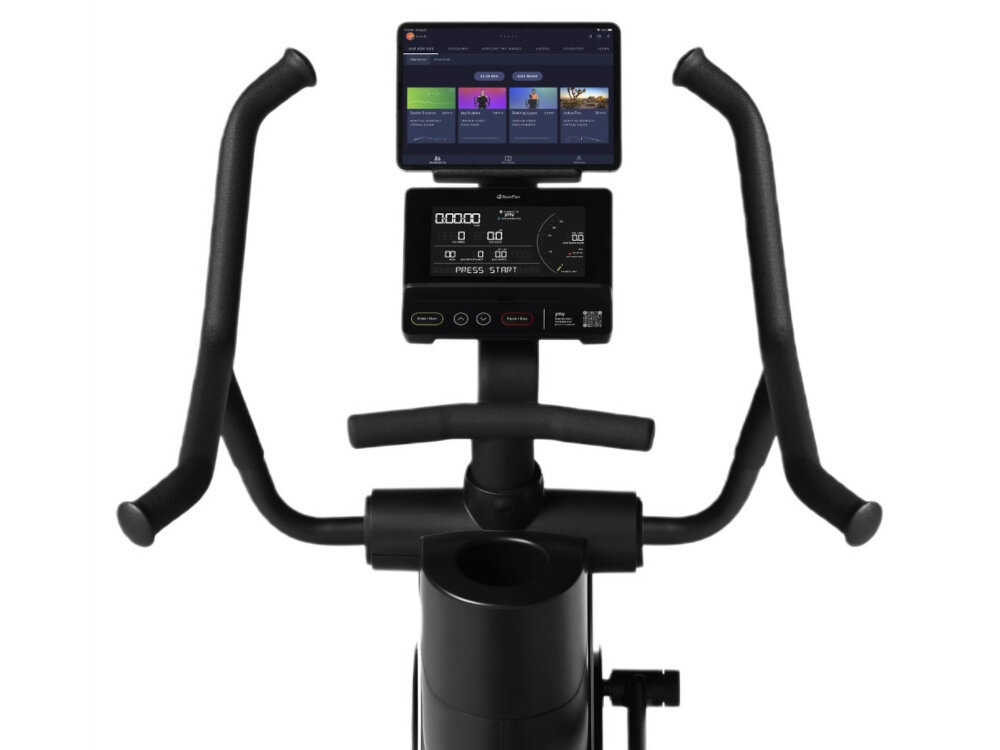 Orbitrek magnetyczny BOWFLEX SEi Max Trainer zbliżenie na wyświetlacz kolorowy wyświetlacz o przekątnej 7 cali monitorowanie kluczowych parametrów kompatybilny z aplikacją Bowflex JRNY personalizacja treningów śledzenie postępów