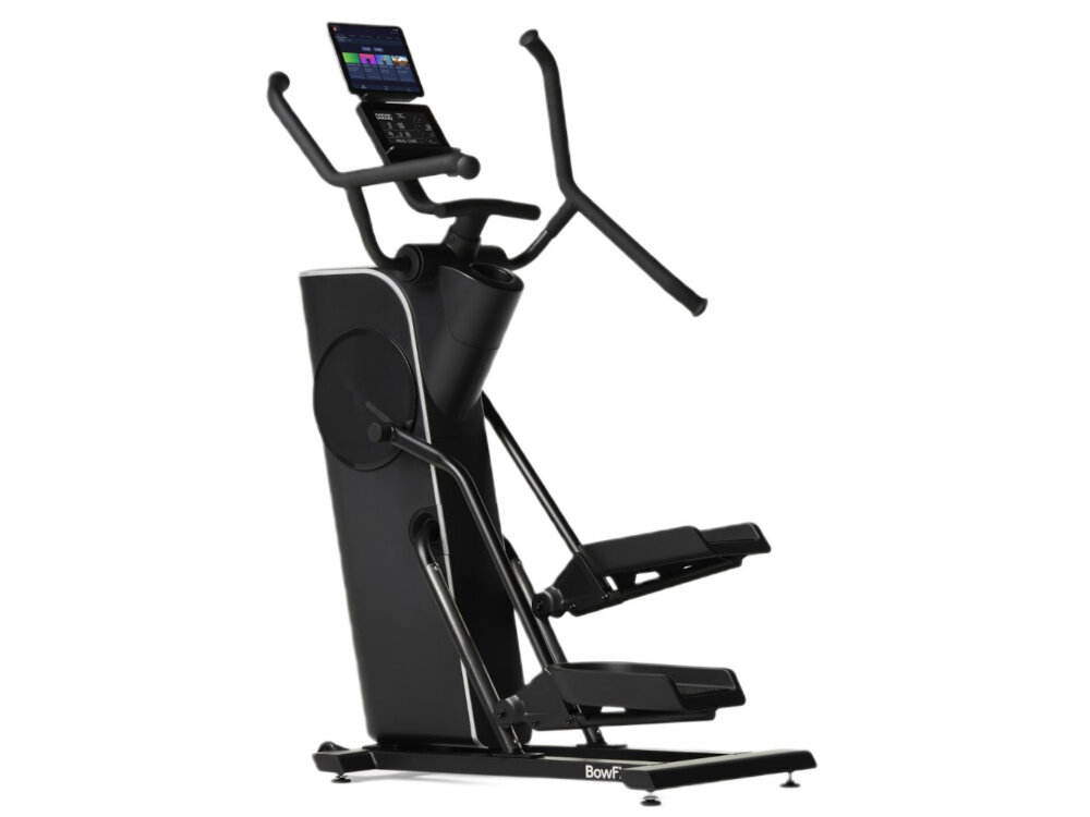Orbitrek magnetyczny BOWFLEX SEi Max Trainer maszyna na białym tle widoczna od przodu po skosie kieszeń na bidon tacka na tablet kółka transportowe nóżki poziomujące komfort i bezpieczeństwo ćwiczeń