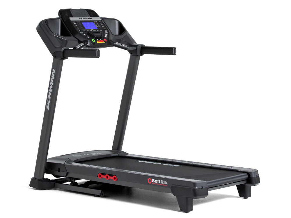 Bieżnia elektryczna SCHWINN 510T 1939W 16km-h bieżnia na białym tle widoczna od tyłu po skosie solidna rama dopuszczalne obciążenie do 124 kg bezpieczny i komfortowy trening wysokiej jakości materiały trwałość odporność na intensywne użytkowanie
