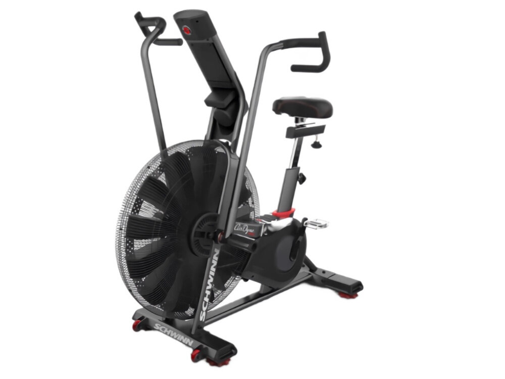 Rower powietrzny SCHWINN Airdyne AD8 rower na białym tle widoczny od przodu po skosie system oporu bazujący na powietrzu dostosowuje do siły nacisku użytkownika płynną regulację intensywności treningu bez konieczności ręcznego ustawiania poziomów lekkie ćwiczenia cardio wymagające interwały zoptymalizowany system wentylatora wysoki poziom oporu redukuje poziom hałasu