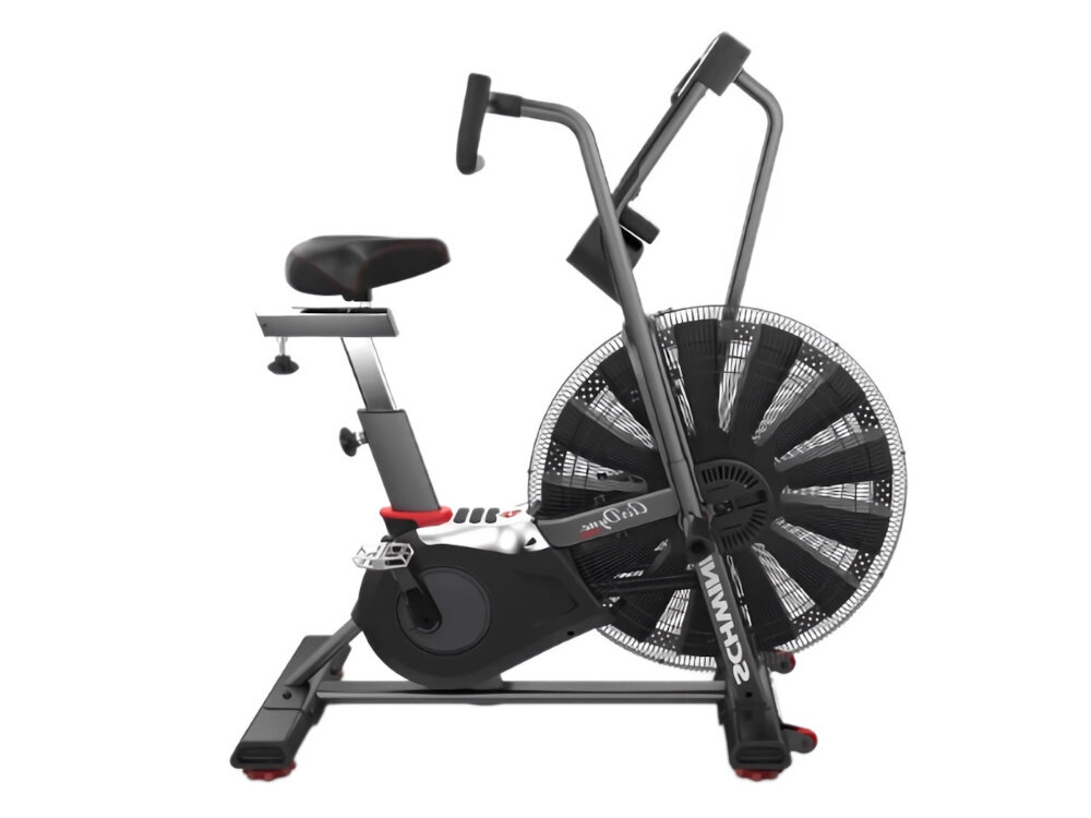Rower powietrzny SCHWINN Airdyne AD8 rower na białym tle widoczny z boku wbudowane rolki transportowe łatwe przemieszczanie urządzenia stabilna konstrukcja nie wymaga składania solidność funkcjonalność zaawansowane technologie efektywny trening całego ciała płynna regulacja oporu ergonomiczne uchwyty precyzyjne monitorowanie parametrów
