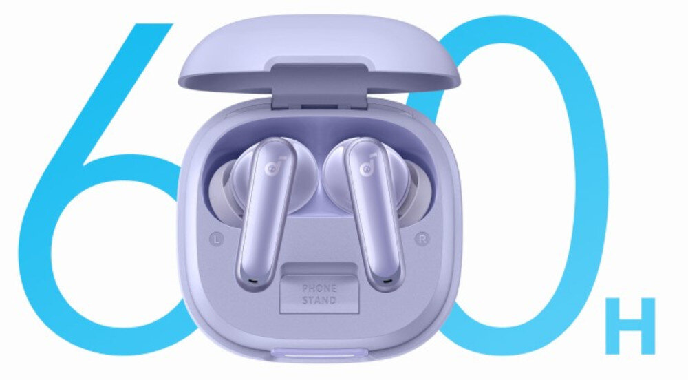 Słuchawki dokanałowe SOUNDCORE P40i ANC długa bateria odtwarzanie wielodniowe, słuchawki dokanałowe w etui ładującym na białym tle , logo 60 h