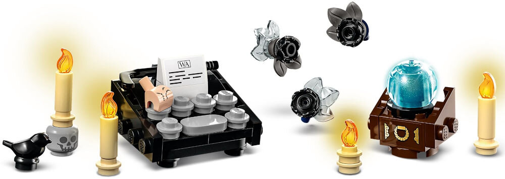 LEGO 76780 Wednesday Figurka Wednesday Addams ruchoma 
					figurka możliwość zmiany stylizacji lojalny Rączka w zestawie podstawka przedstawiająca bramę Akademii Nevermore liczne akcesoria maszyna do pisania
					grób Nero szklana kula na zdjęciu akcesoria na białym tle