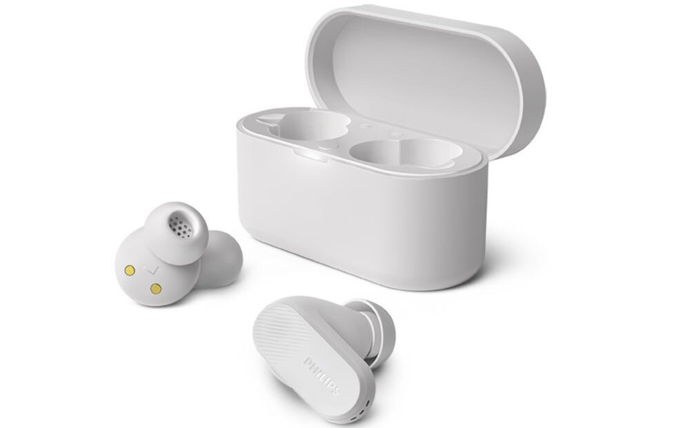 Słuchawki dokanałowe PHILIPS TAT3509GY/00, ciepły naturalny dźwięk, duże przetworniki, głębokie basy, etui ładujące z słuchawkami dokanałowymi po skosie na białym tle