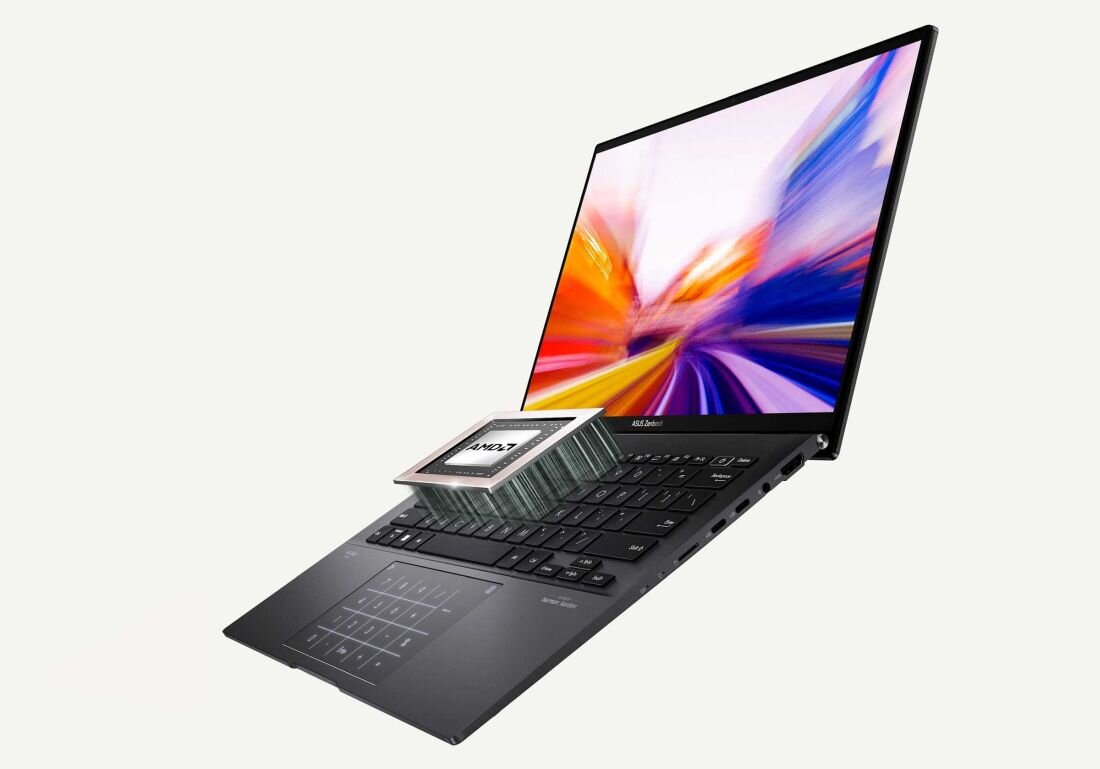 Laptop ASUS ZenBook UM3402 z wyświetlaczem prezentującym dynamiczną, kolorową grafikę, na klawiaturze widoczny procesor AMD Ryzen.