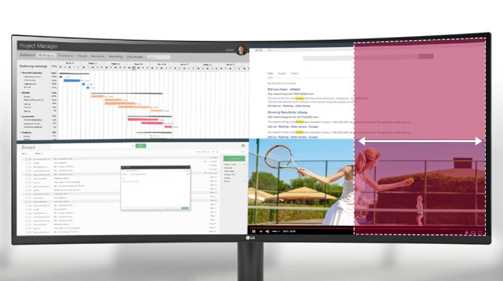 Monitor LG UltraWide wyświetla cztery różne okna: wykres Gantta, stronę internetową, aplikację e-mail oraz wideo z tenisem. Logo LG znajduje się na dolnej ramce monitora.