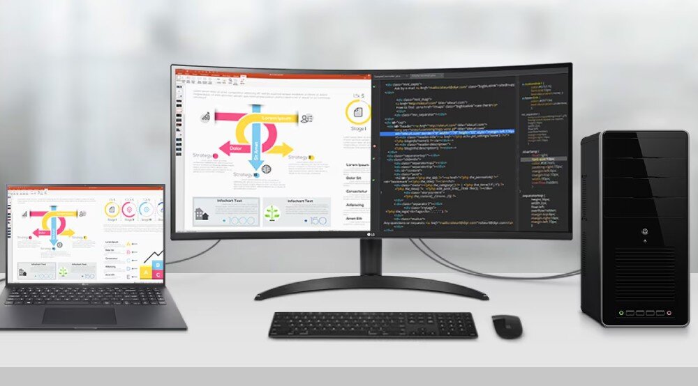 Na biurku znajduje się zakrzywiony monitor, laptop, klawiatura, myszka i komputer stacjonarny. Na ekranach widoczne są wykresy i kod programistyczny.