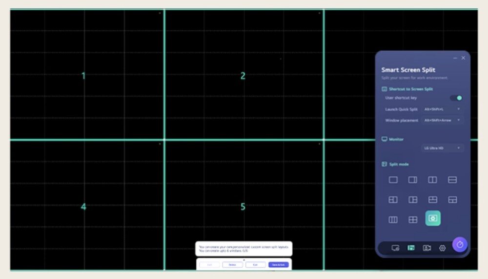 Obraz przedstawia ekran podzielony na pięć sekcji z numerami od 1 do 5. Po prawej stronie widoczny jest panel \'Smart Screen Split\' z opcjami konfiguracji podziału ekranu.