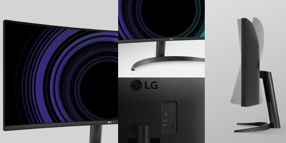 Obraz przedstawia monitor z zakrzywionym ekranem, na którym widoczne są fioletowe i czarne okręgi. Na tylnej części monitora znajduje się logo LG oraz porty połączeniowe.