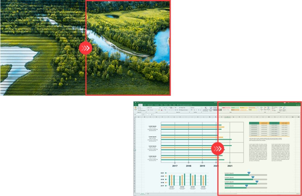 Obraz przedstawia krajobraz z rzeką i lasem oraz zrzut ekranu z arkuszem kalkulacyjnym i dokumentem tekstowym. Na środku obu części znajduje się czerwony symbol z dwiema strzałkami skierowanymi w przeciwnych kierunkach.
