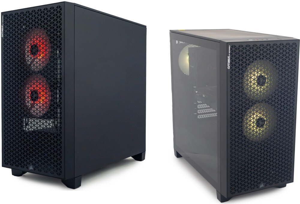 Komputer OPTIMUS E-sport GA520T-CR4 Widok wnętrza obudowy komputera z otwartym panelem, zainstalowana karta graficzna, chłodzenie procesora i komponenty płyty głównej, pamięć RAM, taktowanie, dysk, szybkość