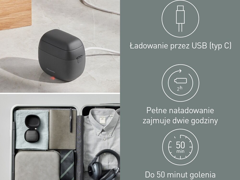 Golarka PANASONIC ES-PV3B-K803 Na mokro i sucho aż do 45 minut pracy, funkcja szybkiego łądowania, oszczędność czasu