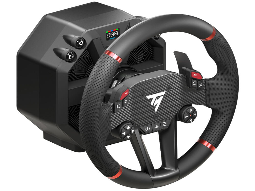 Кермо THRUSTMASTER T598 Direct Axial Drive (PS4/PS5/PC) з виглядом пристрою спереду під кутом, прикріплене до основи на білому фоні, плавність роботи двигуна Direct Axial Drive, точність, реалістичність керування зворотним зв'язком по силі