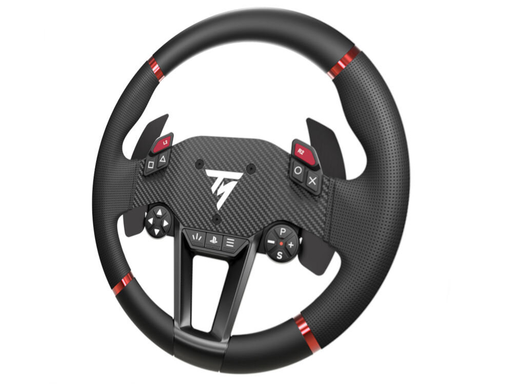 Кермо THRUSTMASTER T598 з прямим осьовим приводом (PS4/PS5/PC) Вид пристрою спереду під кутом на білому фоні Екран гоночного приладу Налаштування та збереження понад 10 параметрів GEAR JOLT Відображення важливих даних Керування комфортом водіння
