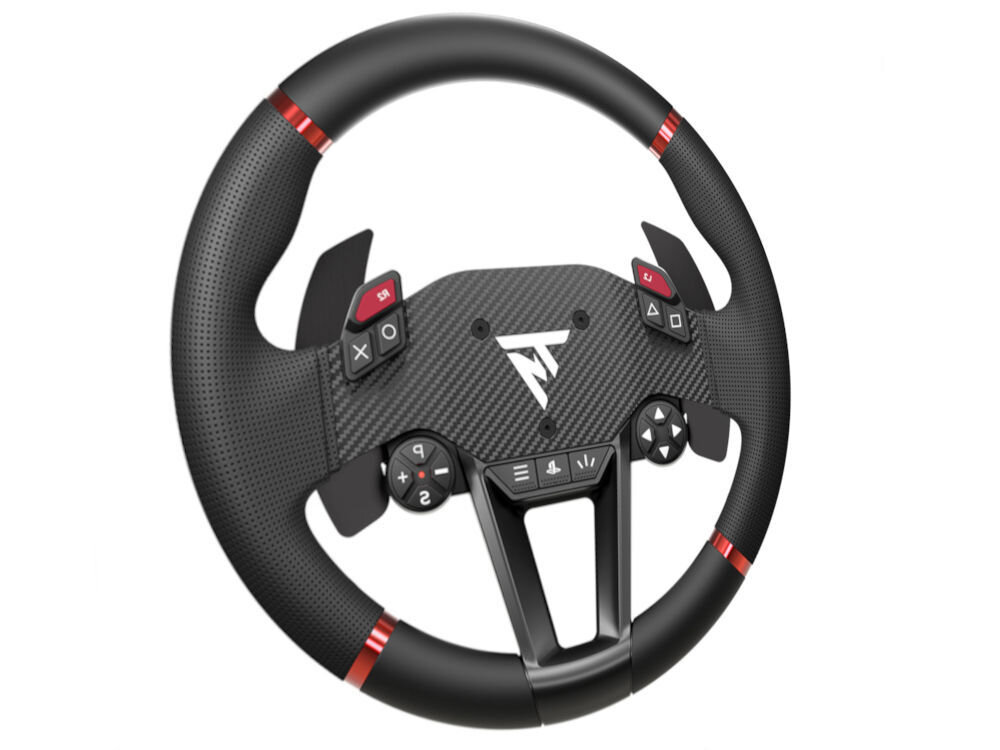 Кермо THRUSTMASTER T598 з прямим осьовим приводом (PS4/PS5/PC) презентація пристрою на білому фоні під кутом 30 см гумові накладки універсальність підрульові перемикачі Mag-Shift багатофункціональний енкодер 12 додаткових функцій легка конструкція 811 г