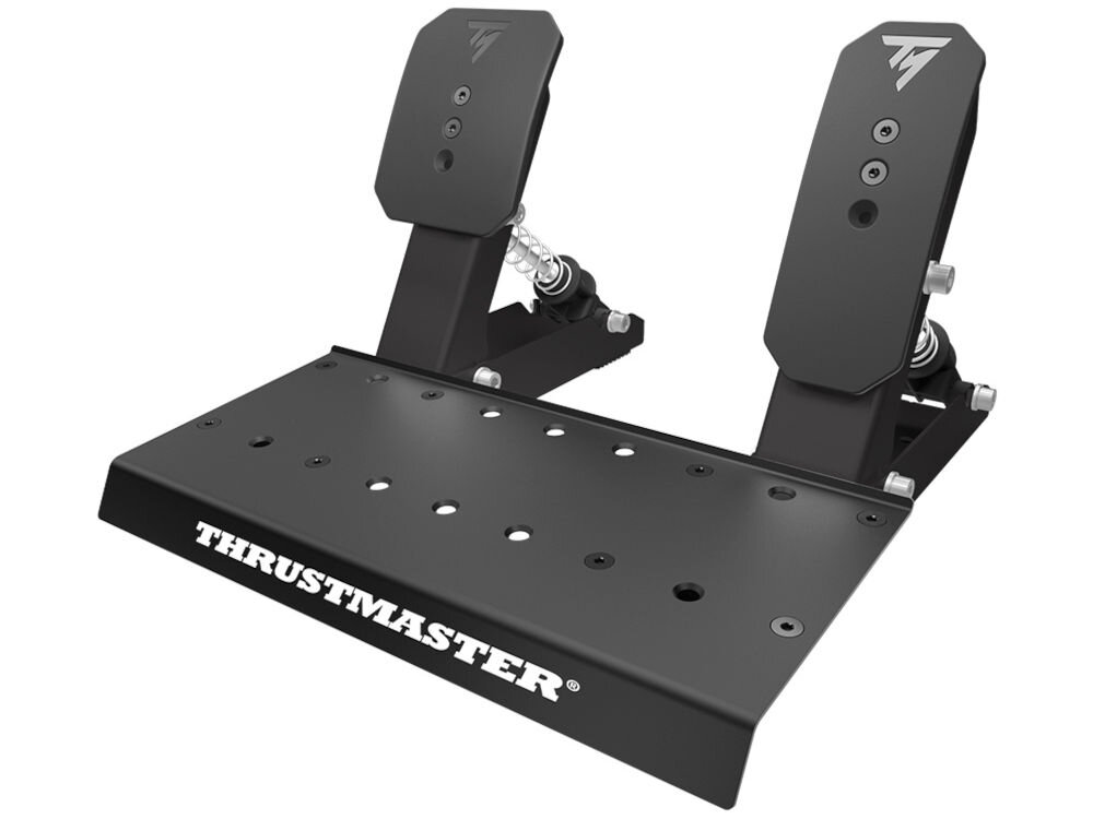 Презентація педалей керма THRUSTMASTER T598 Direct Axial Drive (PS4/PS5/PC) спереду на білому фоні: педалі Raceline Pedals LTE, дві педалі з датчиками HEART, довговічність, прецизійні протиковзкі накладки.