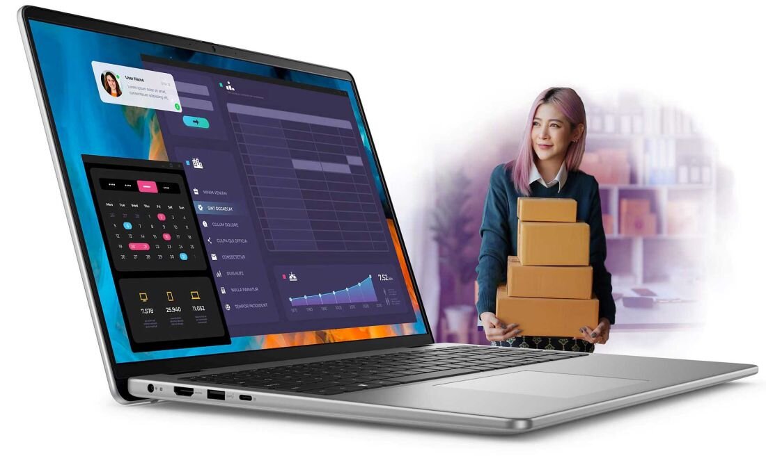 Laptop Dell Vostro 16 na biurku, ekran z panelem zarządzania i kalendarzem, widoczne porty USB, HDMI i czytnik kart, srebrna obudowa. - Opis serii Vostro