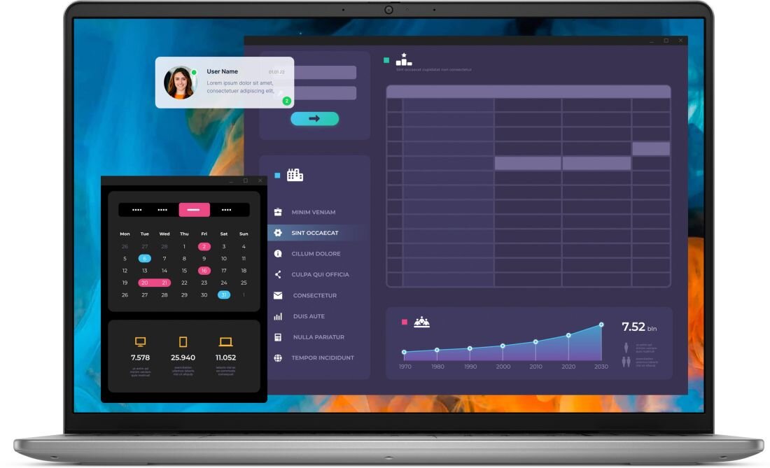 Zbliżenie na ekran laptopa Dell Vostro 16 z wyświetlonym panelem kalendarza i statystyk, cienkie ramki, matryca WVA. - Ekran WVA 16:10 FHD+ 1920 x 1200 px