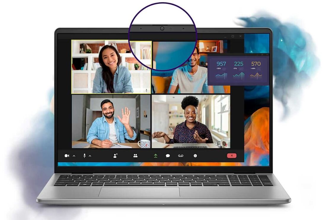 Laptop Dell Vostro 16 podczas wideokonferencji, ekran podzielony na cztery okna rozmów, zaznaczona kamera FHD na górnej ramce ekranu. - Kamera FHD z redukcją szumów, Wbudowane głośniki
