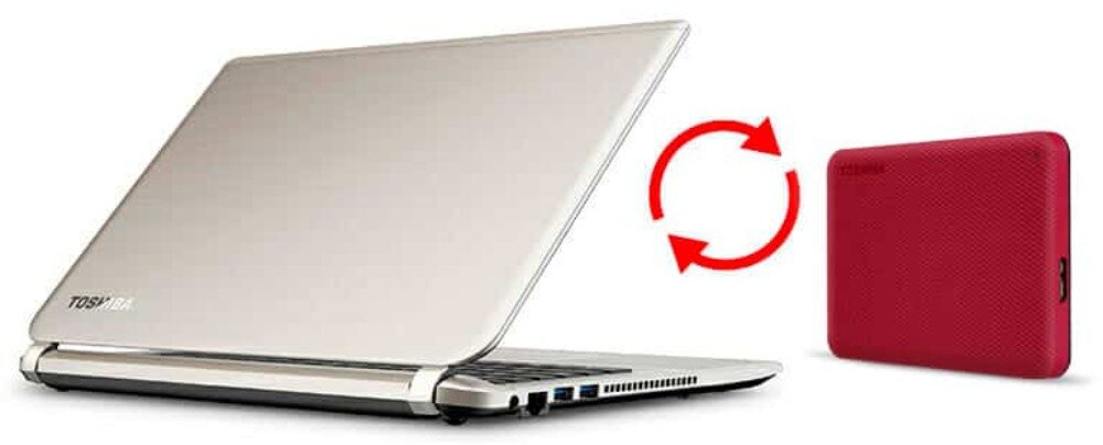 Dysk TOSHIBA Canvio Advance Laptop widoczny od tyłu, obok którego stoi pionowo dysk zewnętrzny, a pomiędzy nimi znajdują się dwie strzałki ułożone w kształt okręgu, pojemność, obudowa, interfejs