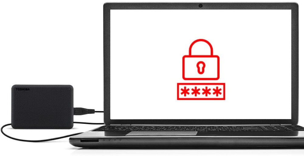 Dysk TOSHIBA Canvio Advance Otwarty laptop z symbolem kłódki i czterech gwiazdek na ekranie, połączony przewodem z leżącym obok dyskiem zewnętrznym, oprogramowanie, funkcje