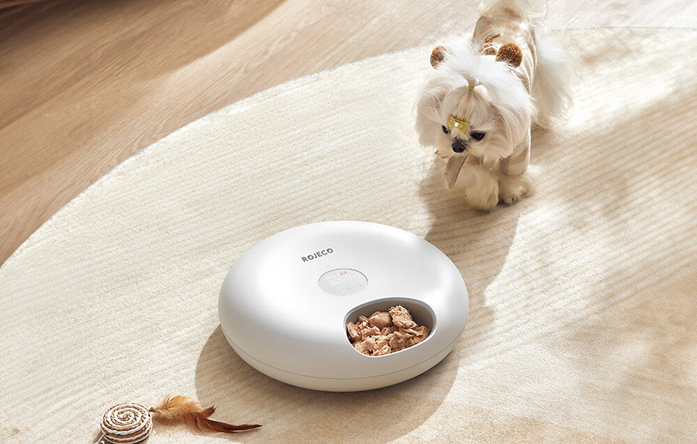 Dozownik karmy automatyczny ROJECO 6 Meals Automatic Cat Feeder with 2 Ice Packs Inteligentny dozownik karmy Rojeco 6 przegród 600 ml karma mokra sucha przekąski woda leki