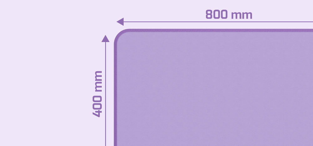 Podkładka NATEC Colors Series Pure Lavender XL
praktyczny rozmiar, wymiary ok. 800 x 400 mm, grubość ok. 2,5 mm, do standardowych myszy optycznych i modeli laserowych,
zbliżenie na róg podkładki, wektory z wymiarami